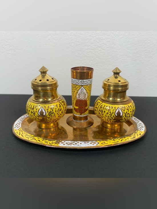 India Other - Vintage Enameled Brass Salt and Pepper Set Tray India